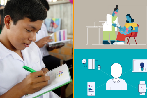 Animated explainer image juxtaposed against documentary images
